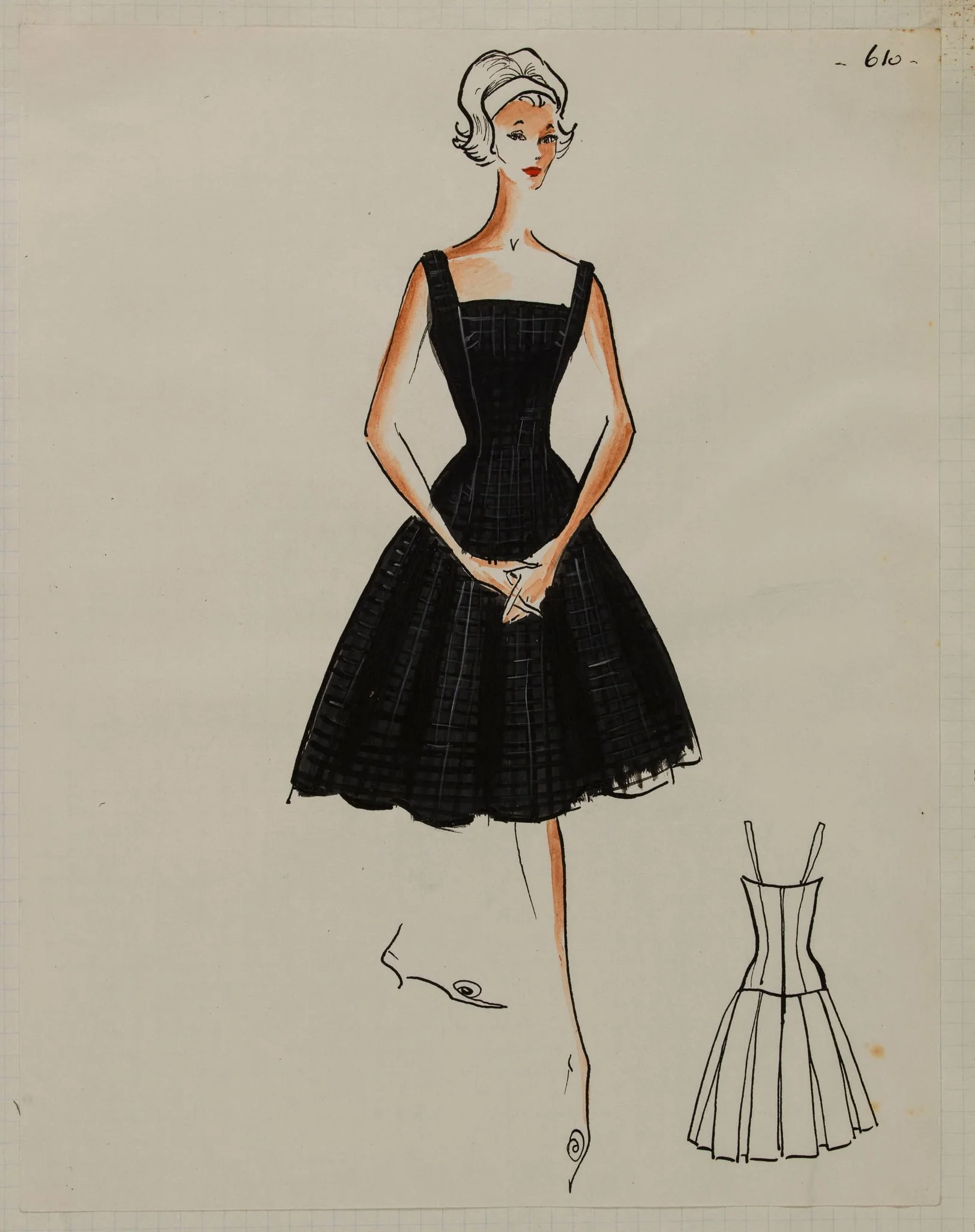 Robe noire à carreaux à bretelles et jupe évasée à plis creux, detail