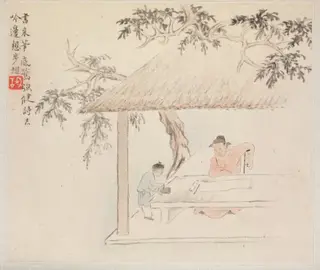 Album of Landscape Paintings Illustrating Old Poems: A Scholar at a Table with a Servant aside Preparing the Ink, by Hua Yan, unspecified, 1745