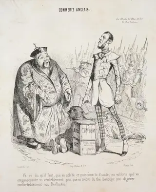 Commerce anglais.  Yé vo dis qu'il faut, que vo ach'te ce poisonne to d'suite, no vollons que vo empposonniez vo véritéblement, pou que'no avions du thé bocoupe pou digerer conforteblément nos Beefteakes!, by Jean-Jacques Grandville, 1840