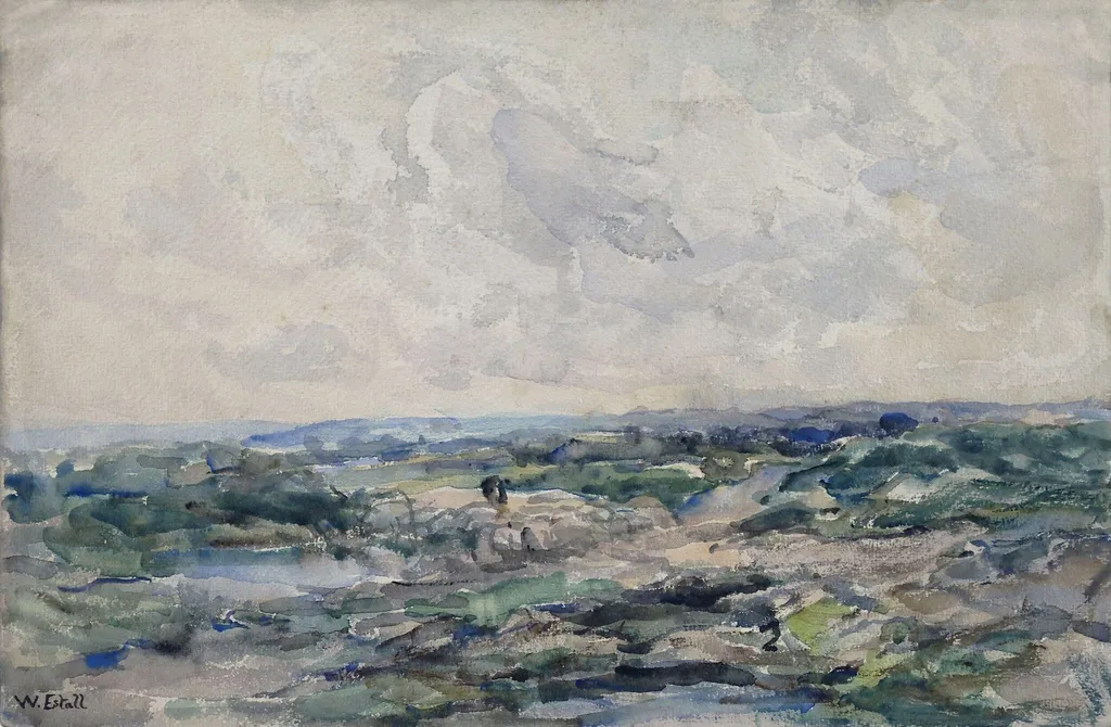 Landscape with Pond, by Estall, watercolor, 1887