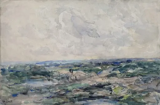 Landscape with Pond, by Estall, watercolor, 1887