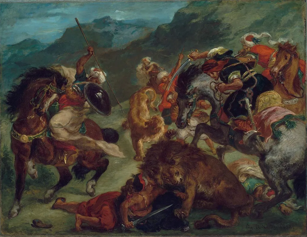Lion Hunt, by Eugène Delacroix, oil, 1858