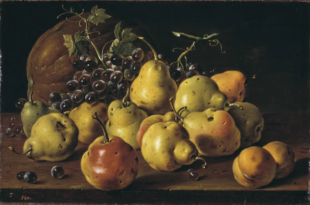 Bodegón con peros y melocotones uvas y melón, by Luis Egidio Meléndez, oil, 1771