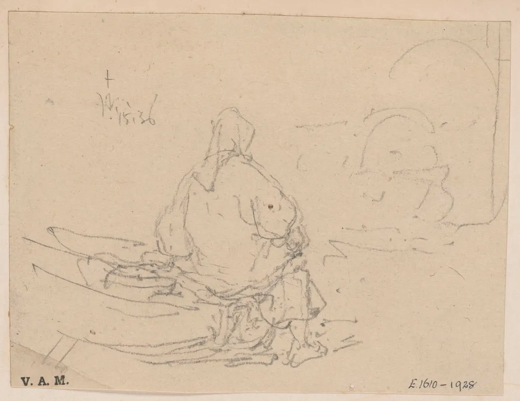 A boatwoman sitting on a beached boat, by George Chinnery, 8