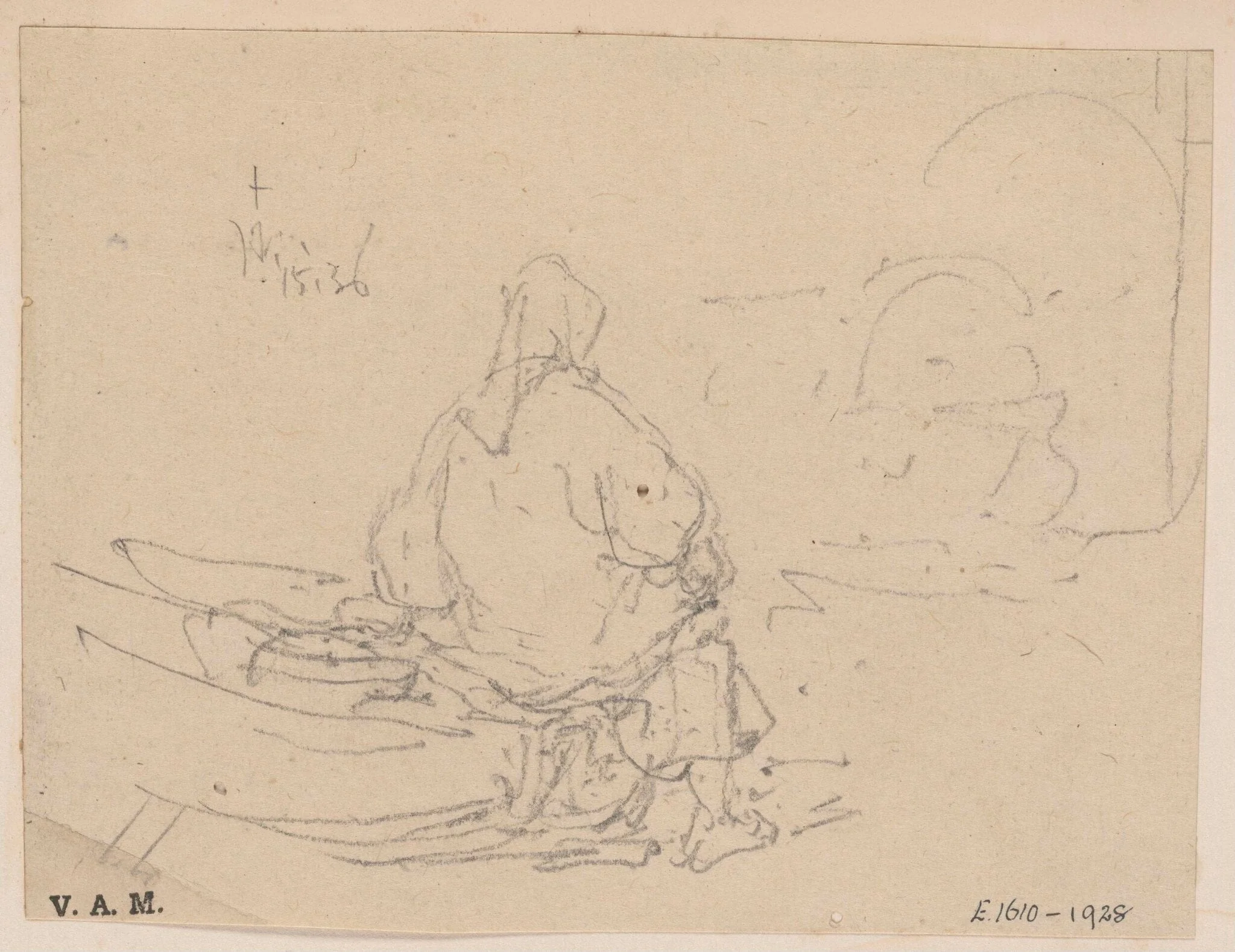 A boatwoman sitting on a beached boat, detail