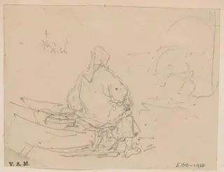 A boatwoman sitting on a beached boat, by George Chinnery, 8