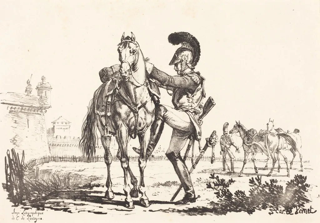 Carabinier Mounting a Horse, by Carle Vernet, ink, 1797