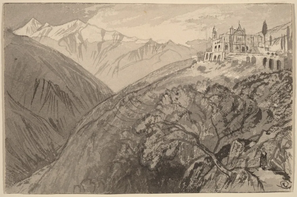 A Town on a Hilltop (Sanctuary of Lampedusa), by Edward Lear, ink, 1884