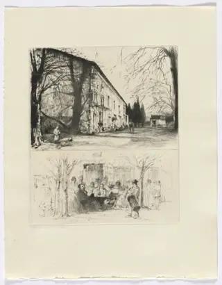Frédéric Mistral: Mémoires et Recits by Frédéric Mistral: street scene/ people at outdoor table (insert after p. 24) DUPLICATE, by Auguste Brouet, 1937