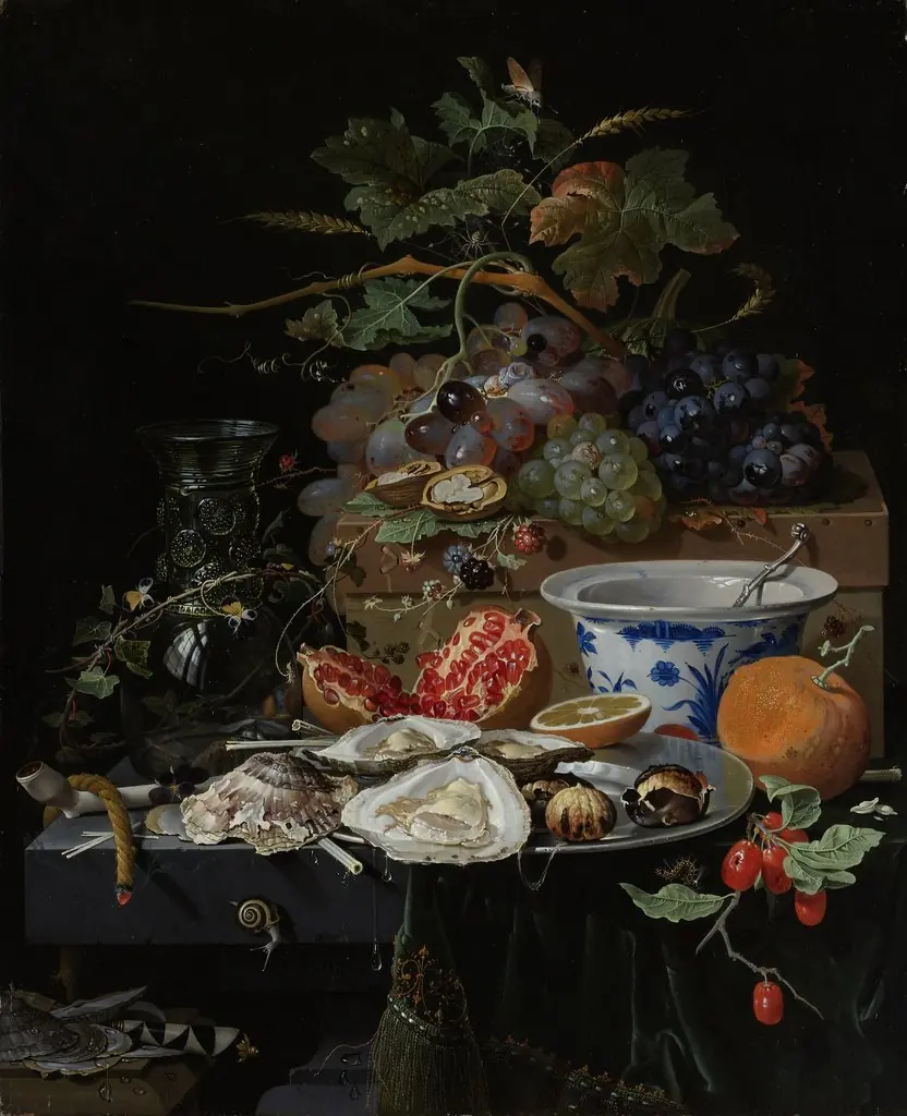 Still Life with Fruit, Oysters and a Porcelain Bowl, by Abraham Mignon, oil, 1669