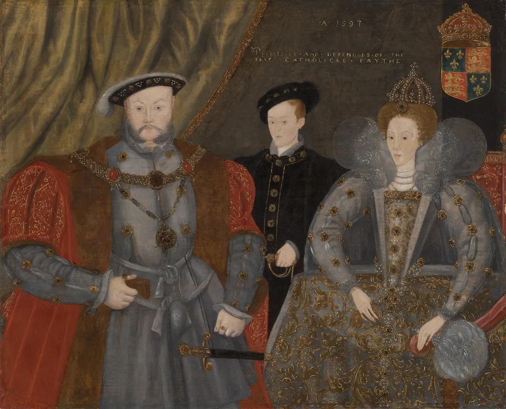 Henry VIII, Elizabeth I, and Edward VI, by Unknown, oil, 1597