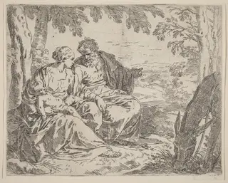 The Rest on the Flight into Egypt, by Simone Cantarini, ink, 1630