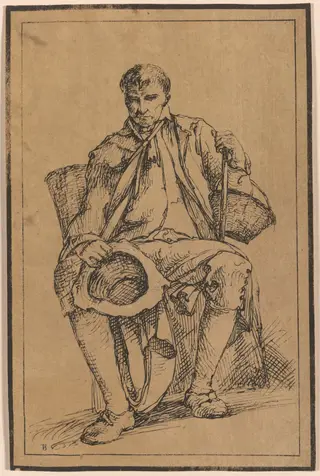 Forty Lithographic Impressions from Drawings of Landscape Scenery by Thomas Barker, Selected from His Studies of Rustic Figures after Nature: Seated Man with Baskets Holding Hat and Walking Stick, by Thomas Barker, 1813