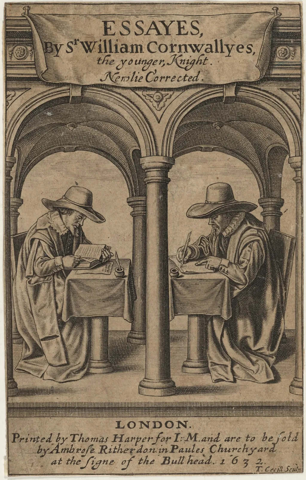 Title Page to Sir William Cornwally's Essays, by Thomas Cecil, ink, 1621