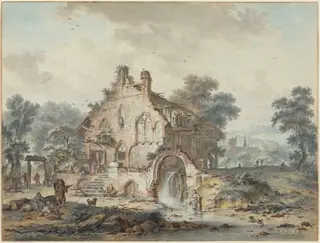Rustic Watermill in a Gothic Ruin, by Hendrik de Meyer II, ink, 1778