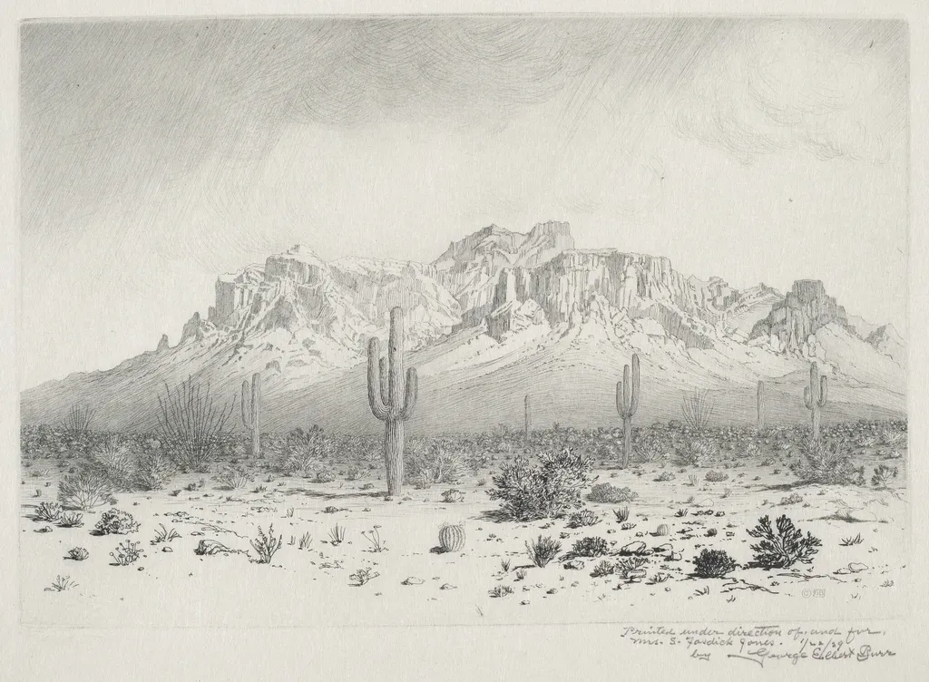 Superstition Mountain, Apache Trail, Arizona (no.1), by George Elbert Burr, ink, 1929