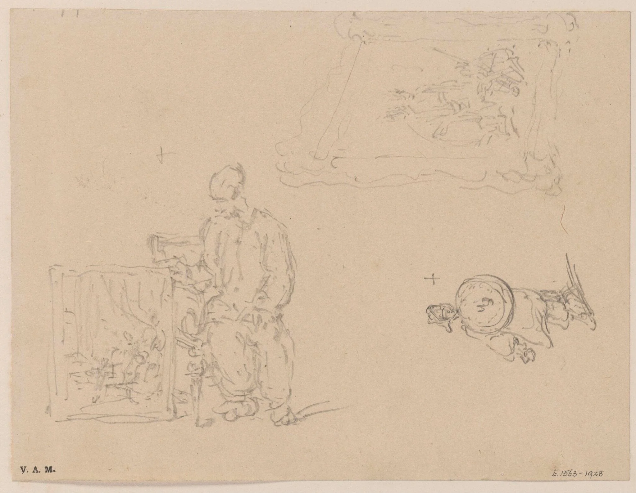A figure seated beside a portrait, and other sketches, detail