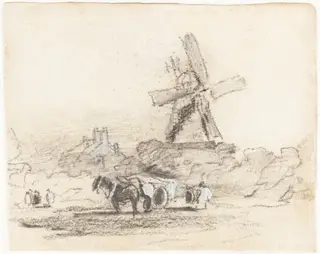 A Cart with Two Horses near a Windmill, by David Cox, chalk, 1821