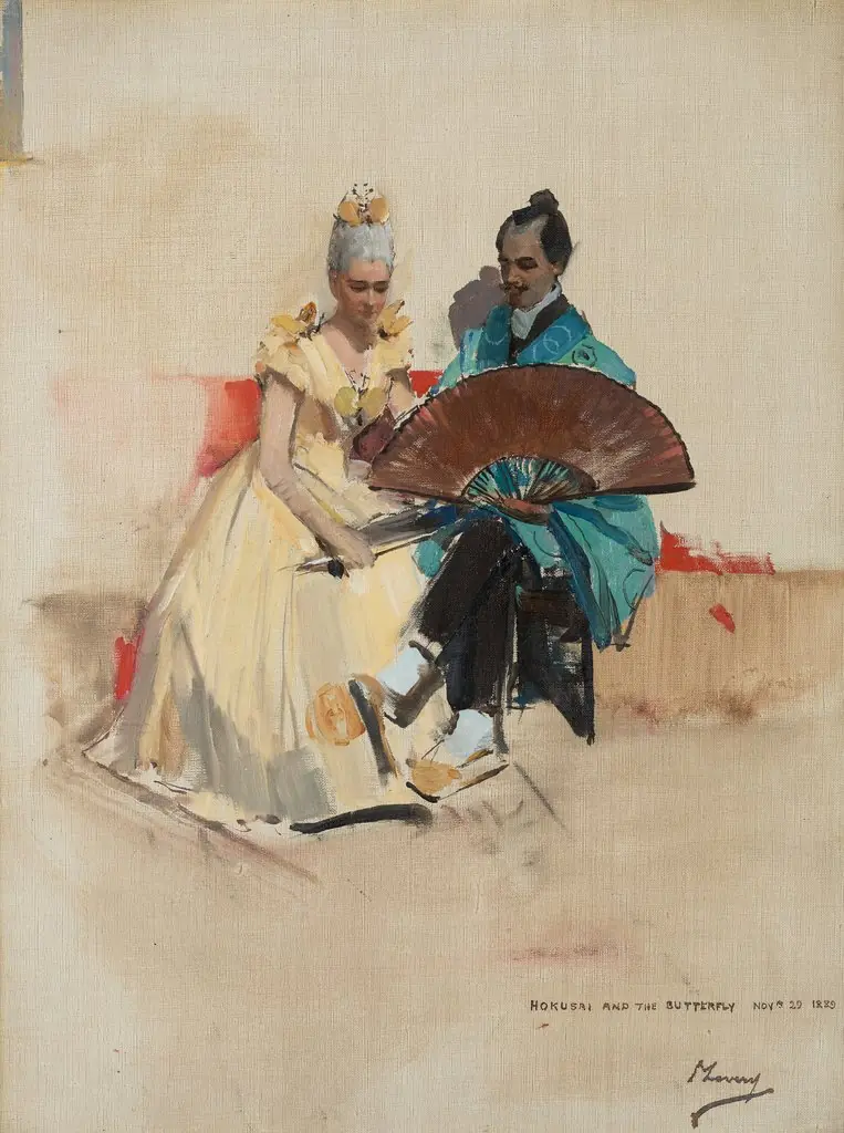 Edward Arthur Walton, 1860 - 1922. Artist (With his fiancee Helen Law or Henderson, 1859 - 1945, later Mrs Edward Arthur Walton, as Hokusai and the Butterfly), by John Lavery, oil, 1895