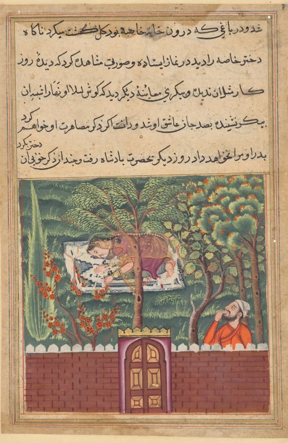 Khulasa, a vizier, sees the daughter of Khassa, another vizier, and covets her, from a Tuti-nama (Tales of a Parrot): Fifty-first Night, detail