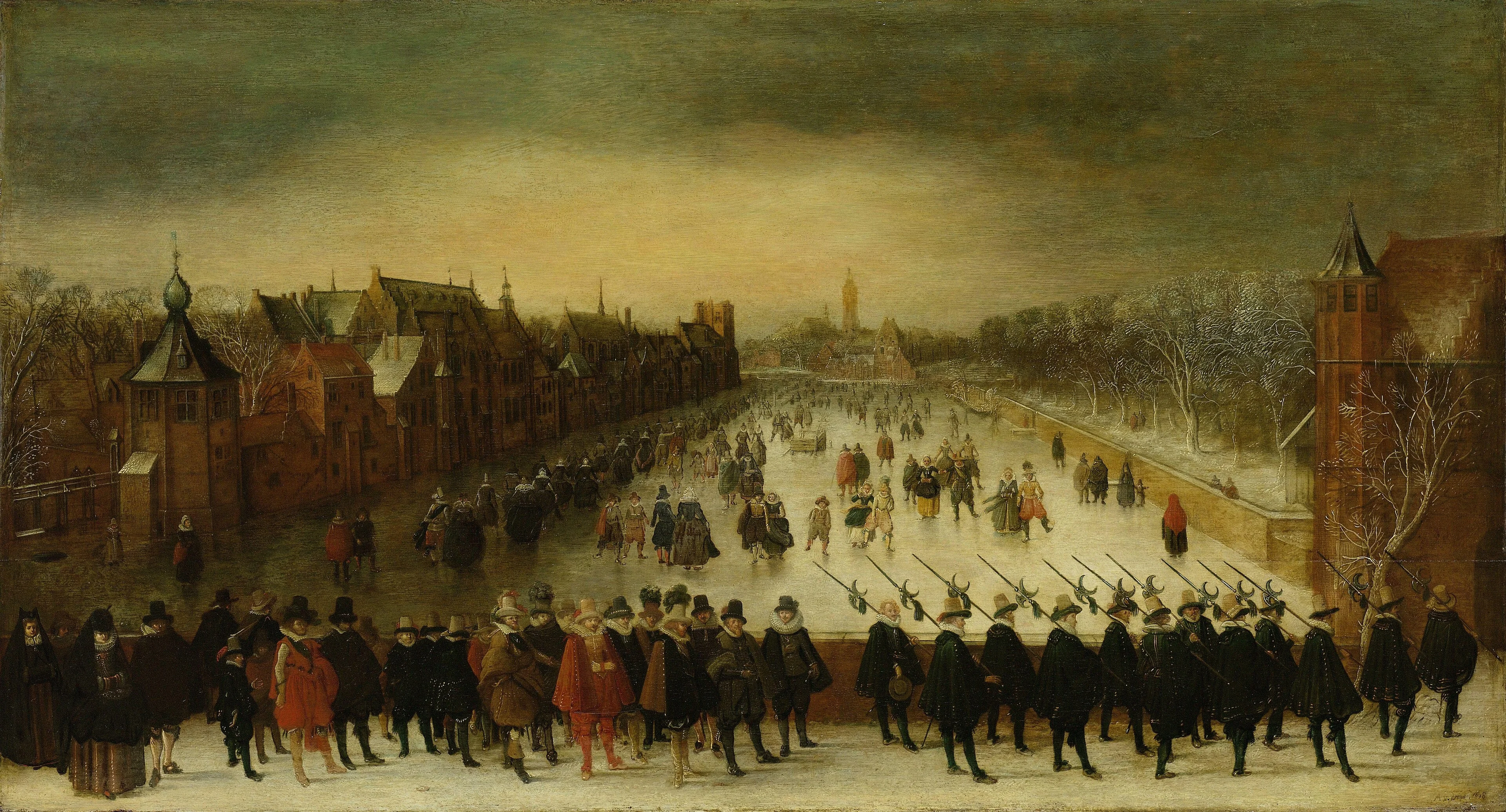The Vijverberg, The Hague in winter, with Prince Maurits and his retinue in the foreground, detail