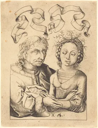The Foolish Old Man and the Young Girl, by Israhel van Meckenem, ink, 1485