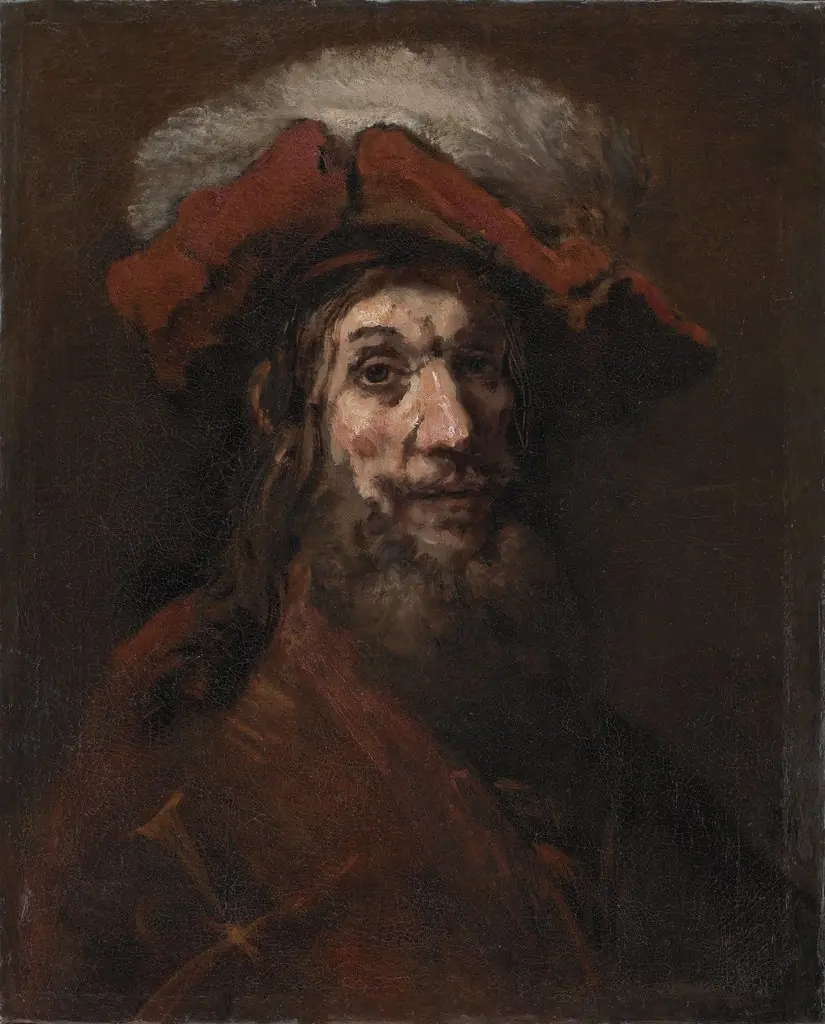 Man in plumed beret, by Rembrandt, oil, 1659