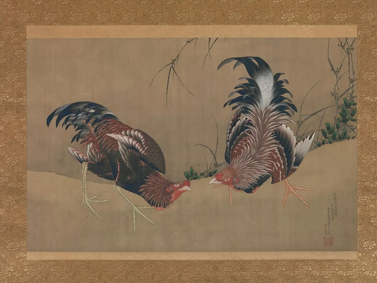 軍鶏図|Gamecocks, detail