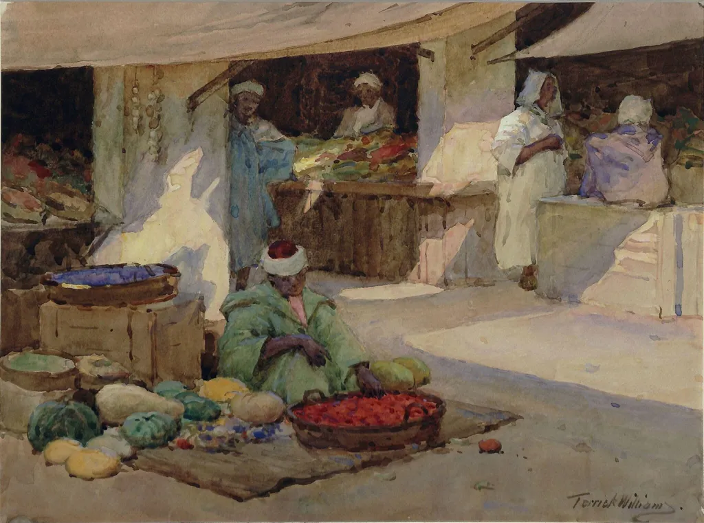 The Fruit Market, Tangier, by Terrick Williams, watercolor, 1890