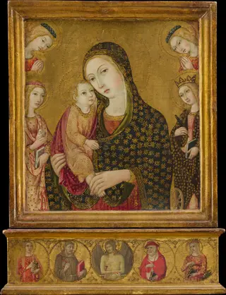 Madonna and Child with the Dead Christ, Saints Agnes and Catherine of Alexandria, and Two Angels, by Sano di Pietro, tempera, 1470