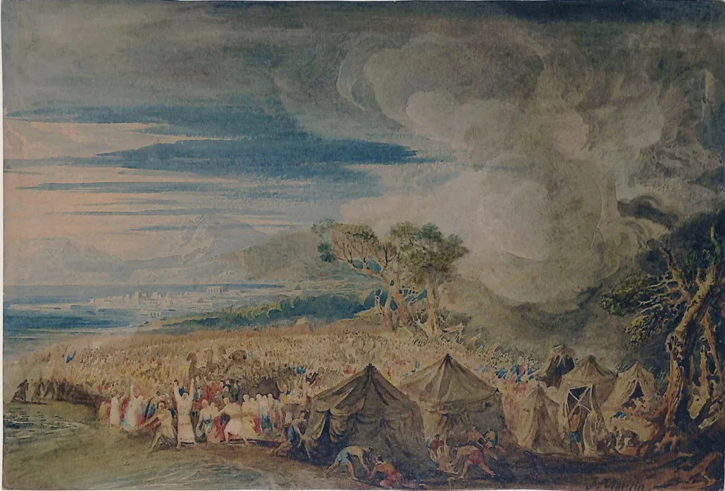 Moses dividing the waters of the Red Sea, by John Martin, watercolor, 1850