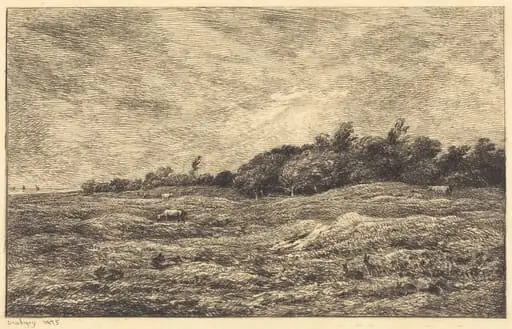 The Meadow at Grave, near Villerville  (Le Pre des Graves, a Villerville), by Charles François Daubigny, ink, 1875