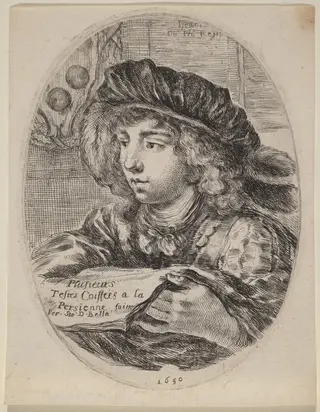 Title Page for "Plusieurs Testes Coiffées a la Persienne", by Stefano Della Bella, ink, 1650