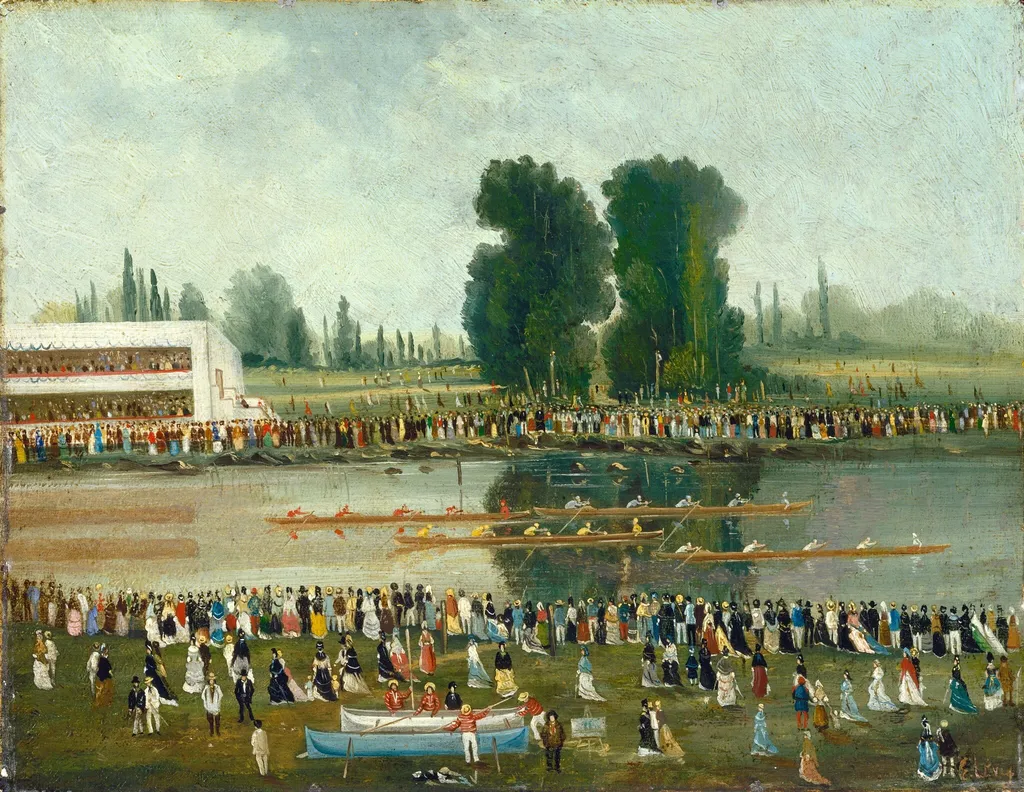 Rowing Scene: Crowds Watching from the River Banks, by Émile Lévy, oil, 1850