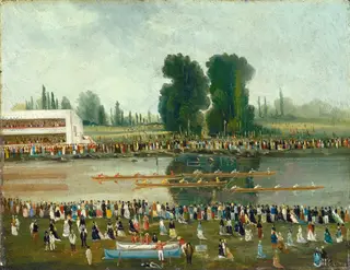 Rowing Scene: Crowds Watching from the River Banks, by Émile Lévy, oil, 1850