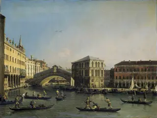 The Grand Canal with the Rialto Bridge and the Fondaco dei Tedeschi, by Canaletto, oil, 1730