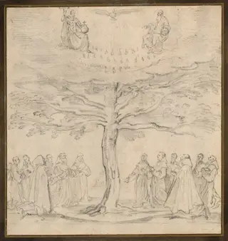 The Holy Trinity in the Tree of Life Adored by Franciscans, by Jacques Callot, chalk, 1625