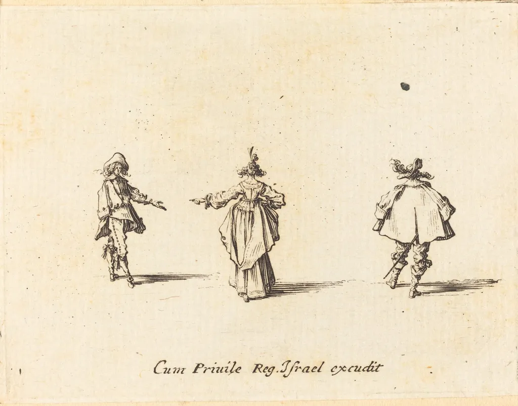 Lady with Outstretched Arm, Seen from Behind, and Two Gentlemen, by Jacques Callot, ink, 1634