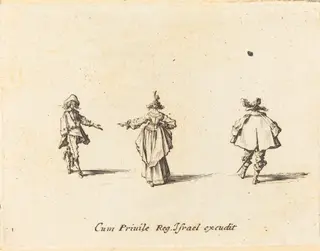 Lady with Outstretched Arm, Seen from Behind, and Two Gentlemen, by Jacques Callot, ink, 1634