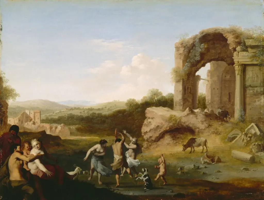 Figures Dancing near a Ruin, by Cornelius van Poelenburgh, oil, 1624