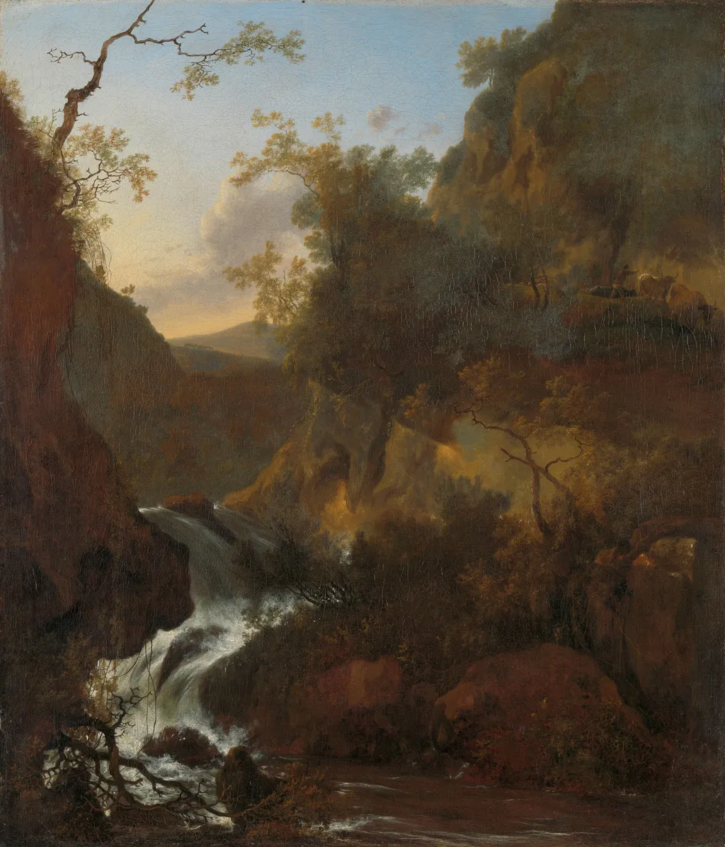 A waterfall, by Adam Pynacker, oil, 1650