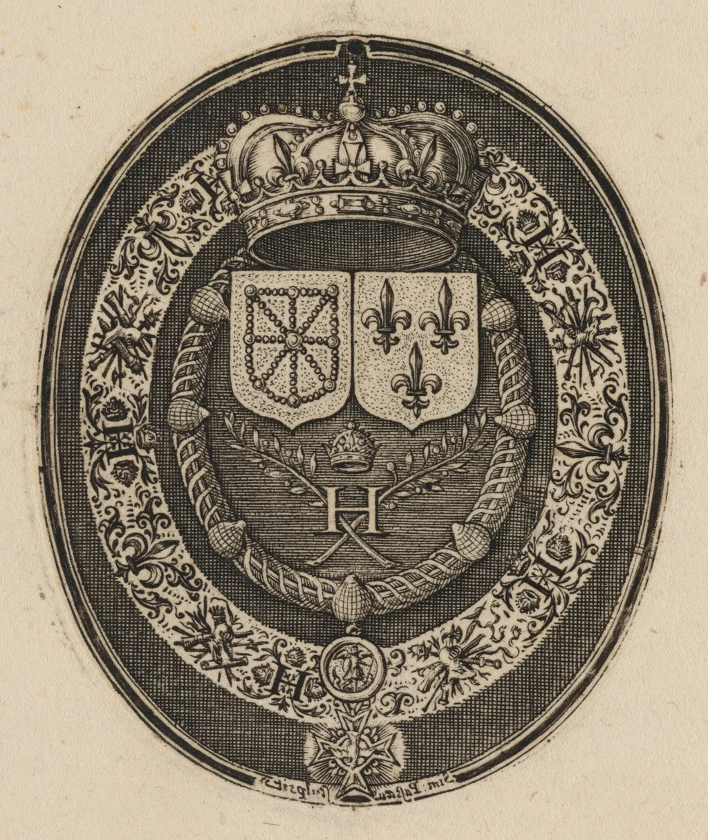 Shields of Henry IV and Maria de Medici [left half], by Simon van de Passe, ink, 1621