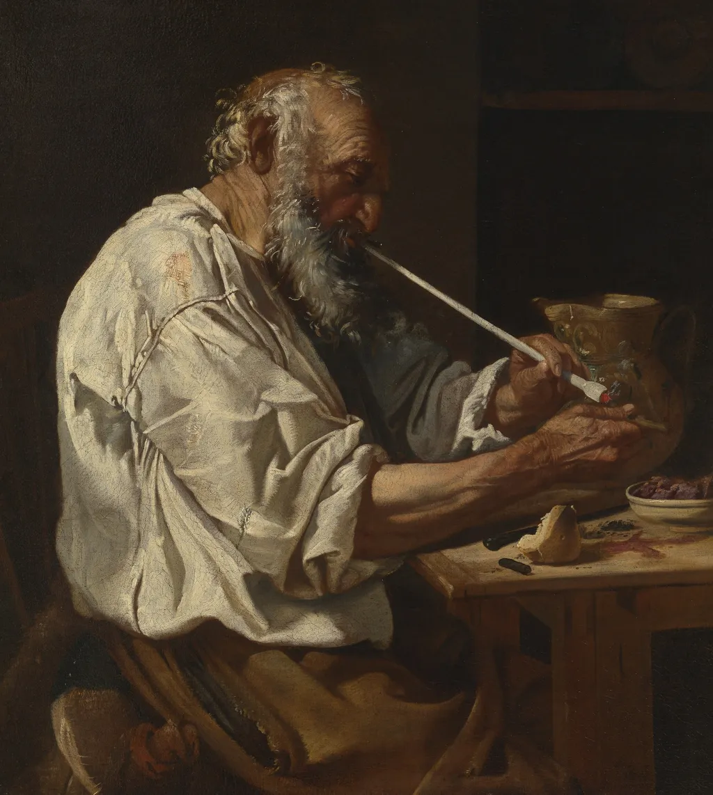 Old Peasant Lighting a Pipe, by Johann Carl Loth, oil, 1660