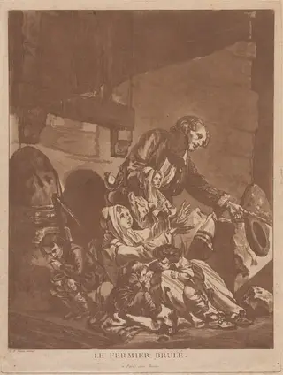 Le Fermier brulé (A Burnt-Out Farmer, Begging with his Family), by François-Philippe Charpentier, ink, 1764