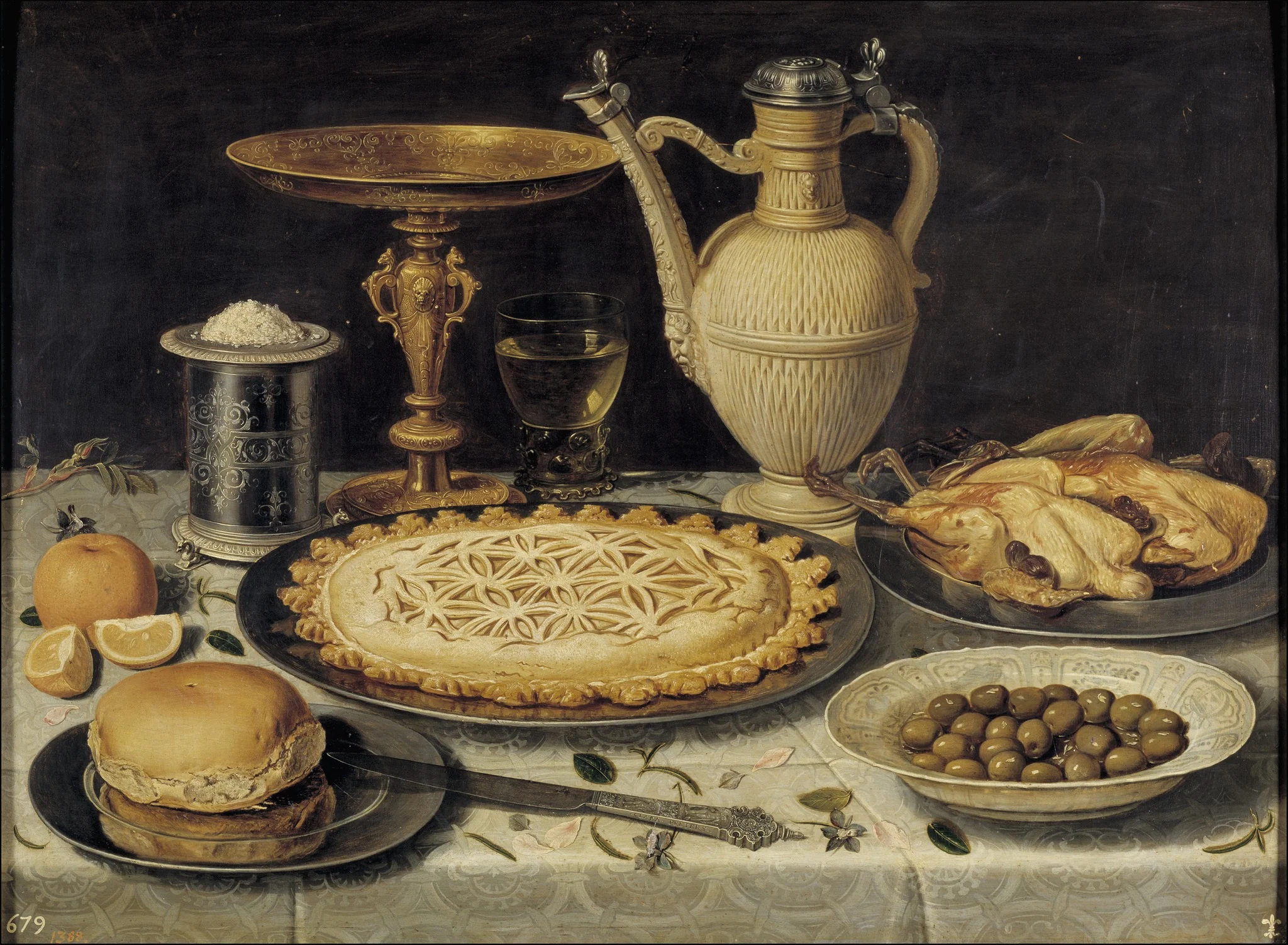 Still life with tazza, stoneware jug, saltcellar and dainties, detail
