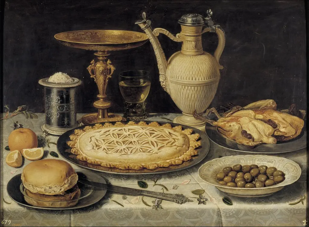 Still life with tazza, stoneware jug, saltcellar and dainties, by Clara Peeters, oil, 1611