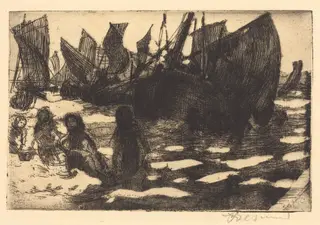 Small Fishing Boats of Berck (Petites Pêcheuses de Berck), by Albert Besnard, ink, 1897