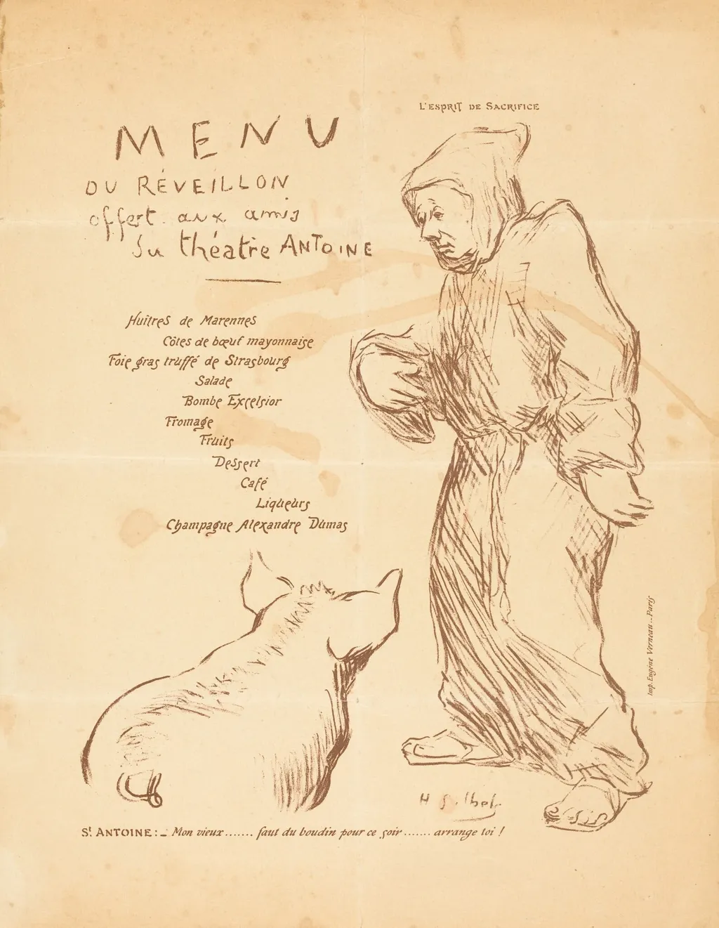 Menu du réveillon offert aux amis du Théâtre Antoine, by Henri-Gabriel Ibels, ink, 1894
