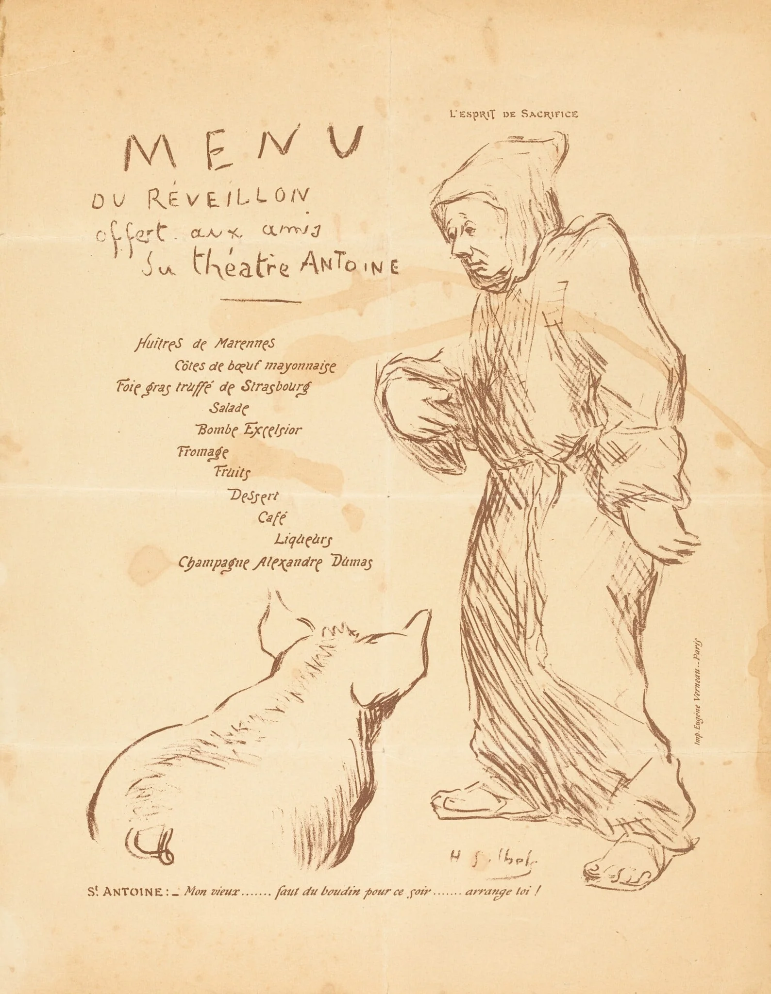 Menu du réveillon offert aux amis du Théâtre Antoine, detail
