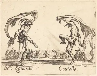 Bello Sguardo and Coviello, by Jacques Callot, ink, 1622